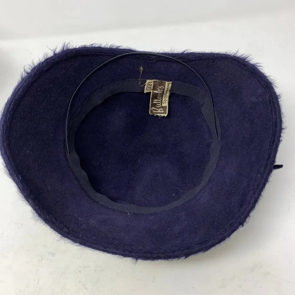 Vintage Bullock’s Sportswear Fuzzy Cloche Hat Navy Blue Felt Women’s